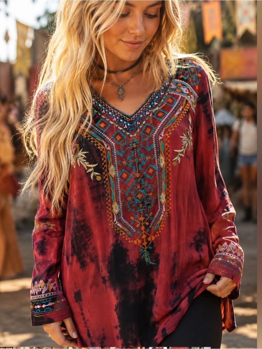Calessa Embroidered Boho Tunic Top Size S | Red Tie-Dye Festival Blouse